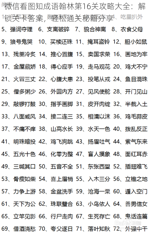 微信看图知成语翰林第16关攻略大全：解锁关卡答案，轻松通关秘籍分享